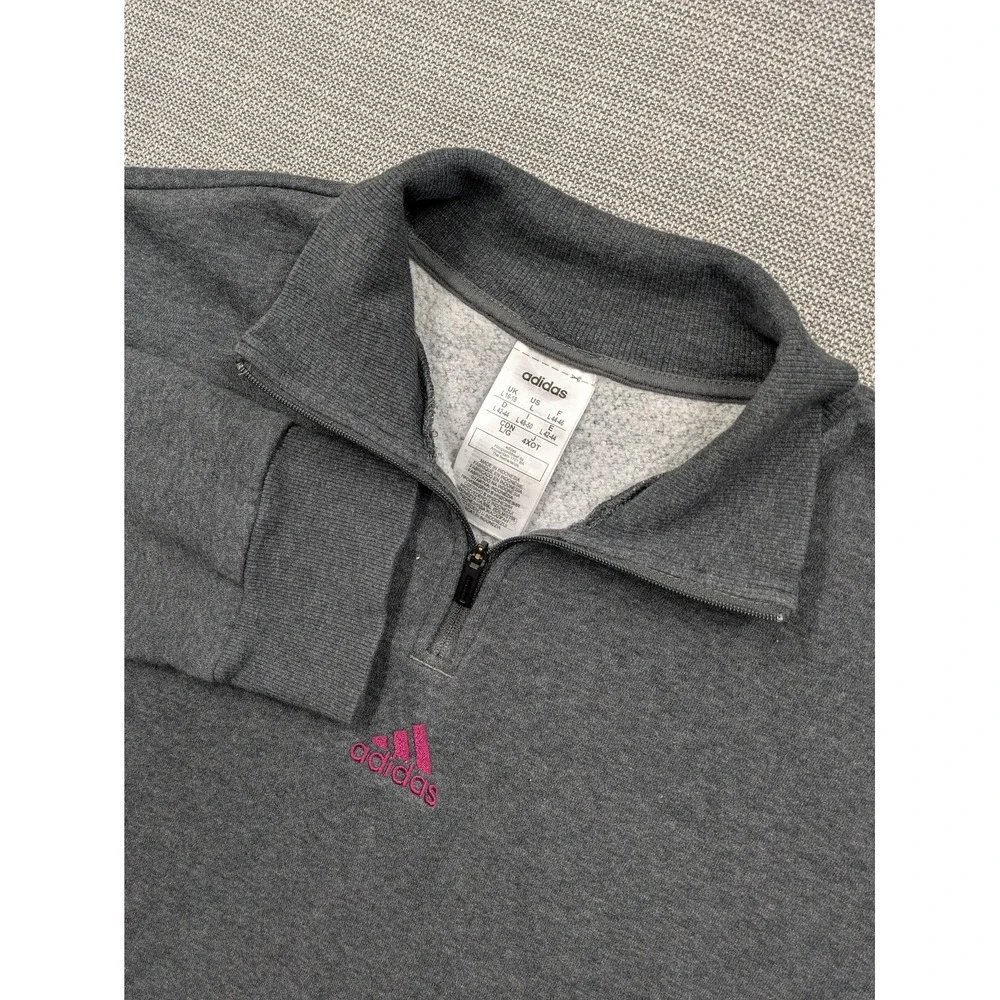 Adidas Sweatshirt Mens Large Gray 1/4 Zip Fleece Pullover Pink Logo Pockets